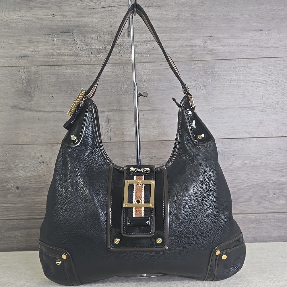Tory Burch Black Leather Hobo with Brown Accent and Gold Hardware
